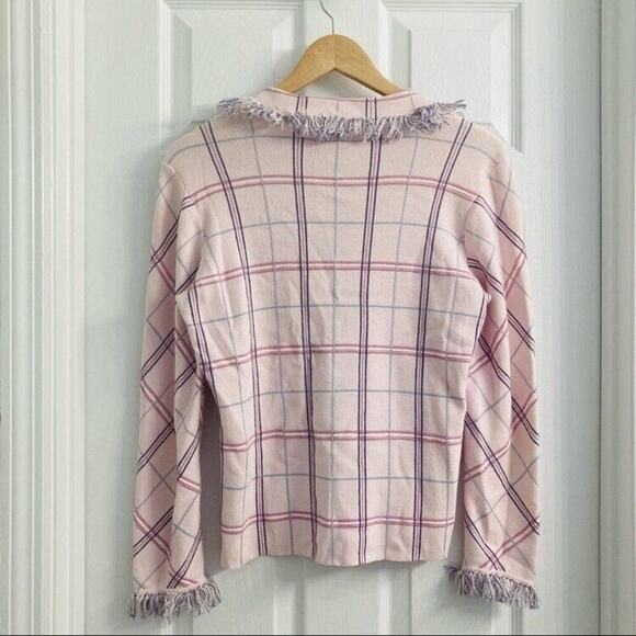 Vintage Cardigan Sweater Pink Purple Plaid Fringe Preppy Coquette Size Small - Picture 4 of 9